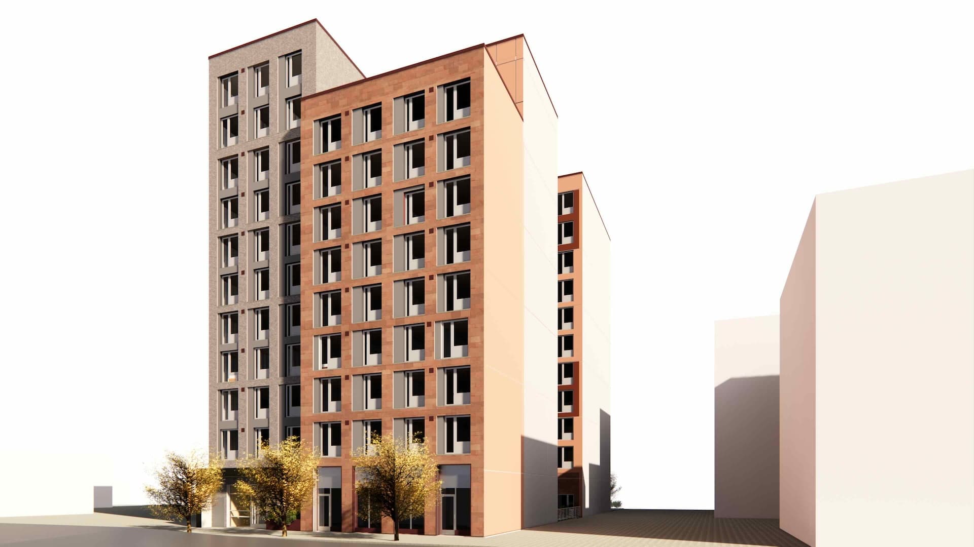 Street-level rendering of new multi-family affordable housing at 1647 Popham Avenue in the Bronx